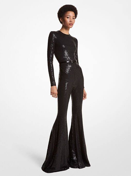 michael kors hand embroidered sequin stretch jersey flared jumpsuit