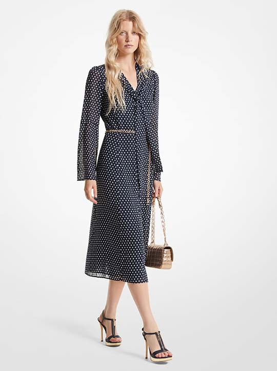 michael kors polka dot georgette tie neck midi dress