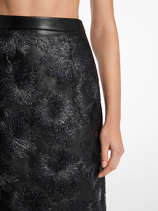michael kors hand embroidered floral plong  leather skirt