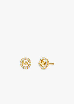 michael kors fulton precious metal plated sterling silver pav  logo charm stud earrings
