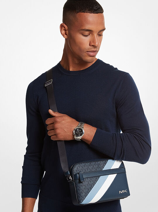 michael kors cooper logo stripe and faux leather crossbody bag