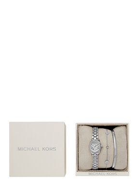 michael kors petite lexington pav  silver tone watch and jewelry gift set