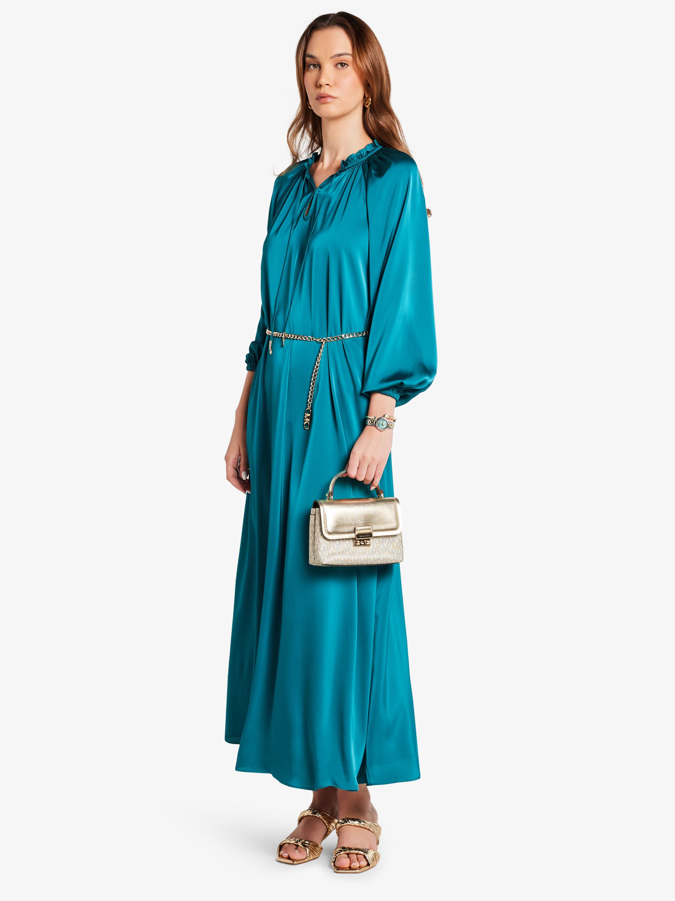 【みっこ꜀^. ̫.^꜆ 様】sahara dress Satin Belted Maxi Dress, DEEP EMERALD | Michael Kors KSA