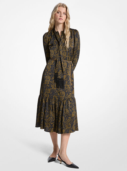 michael kors paisley print satin tie neck midi dress