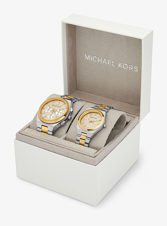 Lennox His and Hers Pavé Two-Tone Watch Set, GLD/SILVER | Michael