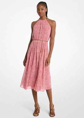 michael kors printed georgette chain link belted halter dress