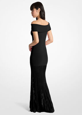 michael kors pleated stretch knit off the shoulder maxi dress