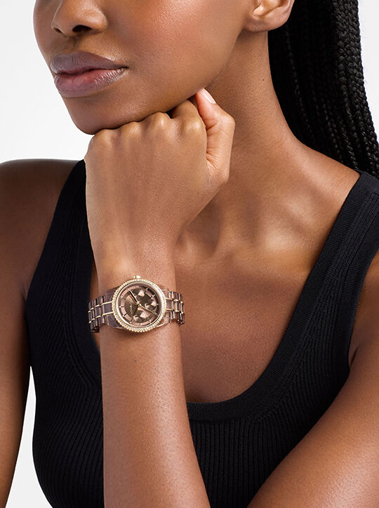 michael kors ritz pav  beige gold tone and acetate watch