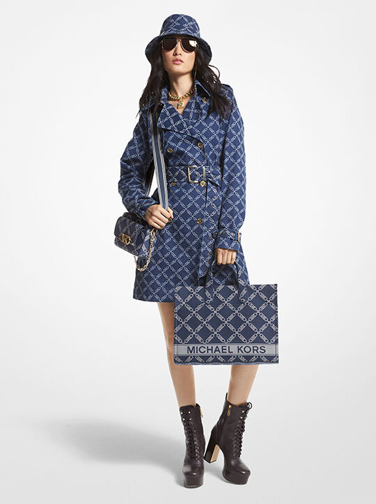 michael kors empire logo jacquard denim trench coat