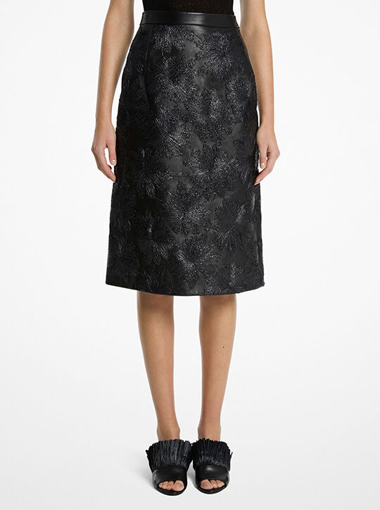 michael kors hand embroidered floral plong  leather skirt