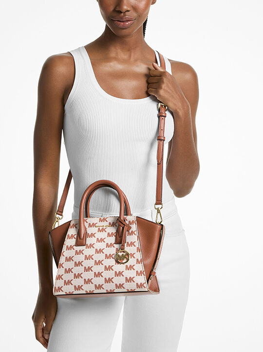 michael kors avril small signature logo jacquard satchel