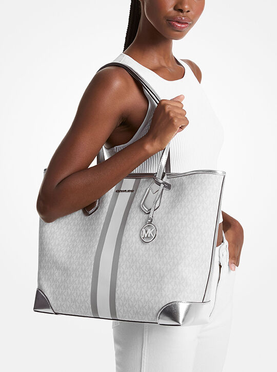 michael kors eva large metallic signature logo stripe tote bag