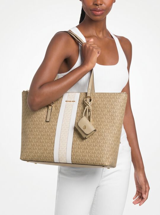 michael kors logo print striped tote bag