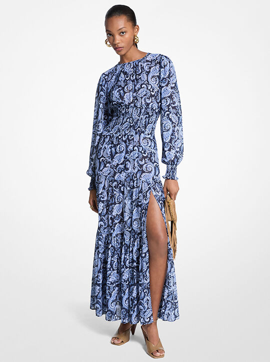 michael kors paisley print smocked georgette maxi dress