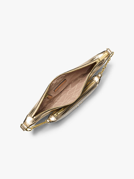 michael kors hollis medium 2 in 1 metallic leather and logo jacquard shoulder bag