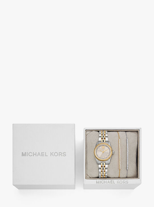 Lexington Pavé Two-Tone Watch and Slider Bracelet Gift Set michael kors lexington pav two tone watch and slider bracelet gift set