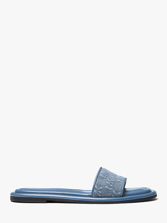 michael kors dana logo embossed denim slide sandal