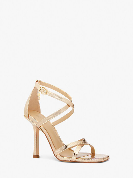 michael kors celia metallic snake embossed leather sandal