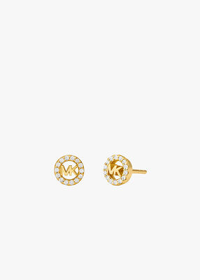 michael kors gold plated sterling silver pav  logo necklace earring set