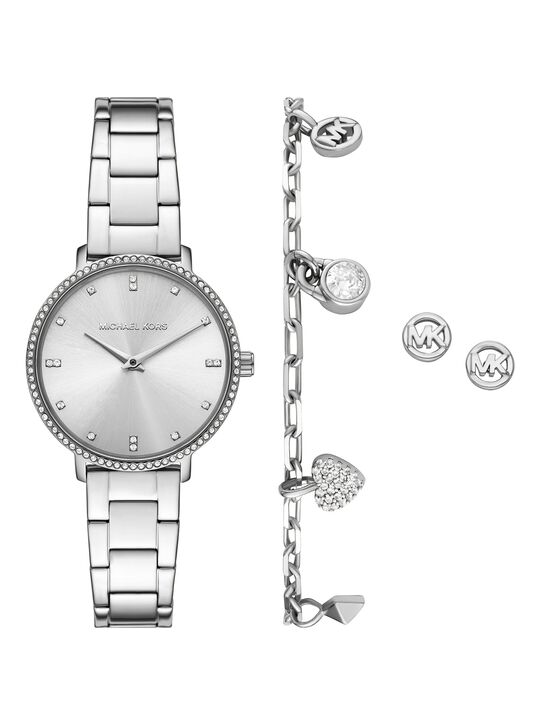 Mini Pyper Pavé Silver-Tone Watch and Jewelry Gift Set michael kors mini pyper pav silver tone watch and jewelry gift set