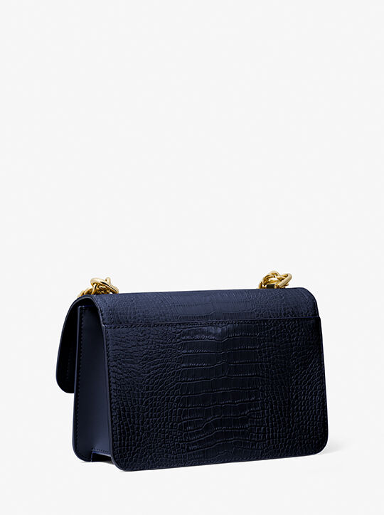 michael kors heather large studded crocodile embossed leather shoulder bag