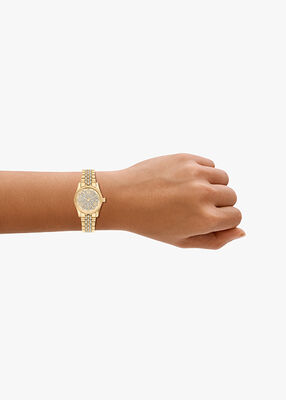 michael kors ساعة مايكل كورس ليكسينغتون بثلاث عقارب مطلية بالذهب مصنوعة من الفولاذ المقاوم للصدأ