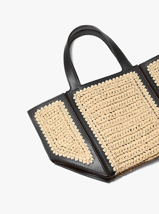 Jordi Small Hand-Crocheted Straw and Leather Tote Bag, NAT/ BLK