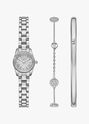 michael kors petite lexington pav  silver tone watch and jewelry gift set