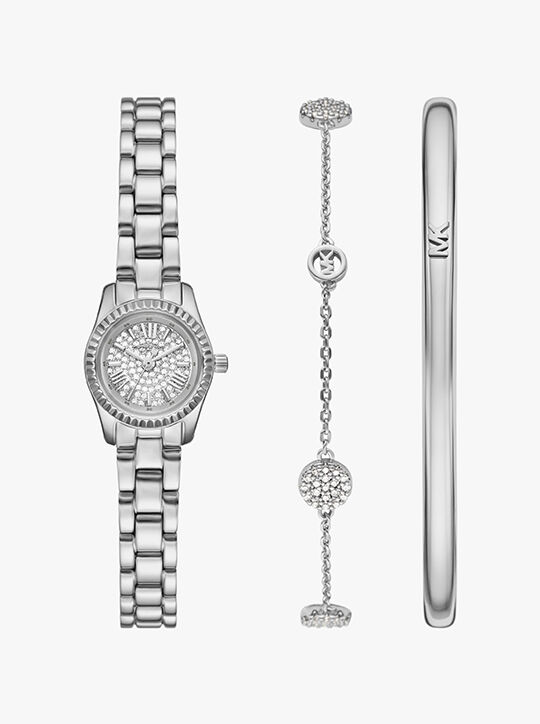 michael kors petite lexington pav  silver tone watch and jewelry gift set