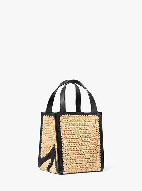 Jordi Small Hand-Crocheted Straw and Leather Tote Bag, NAT/ BLK