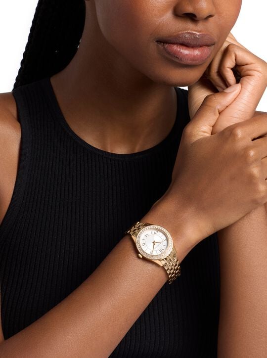 Mini Harlowe Pavé Gold-Tone Watch michael kors mini harlowe pav gold tone watch