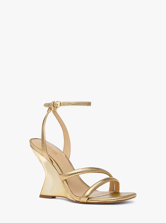 Nadina Metallic Lizard Embossed Leather Wedge Sandal, PALE GOLD
