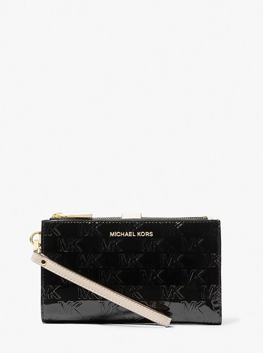 michael kors jet set large logo embossed metallic smartphone wristlet