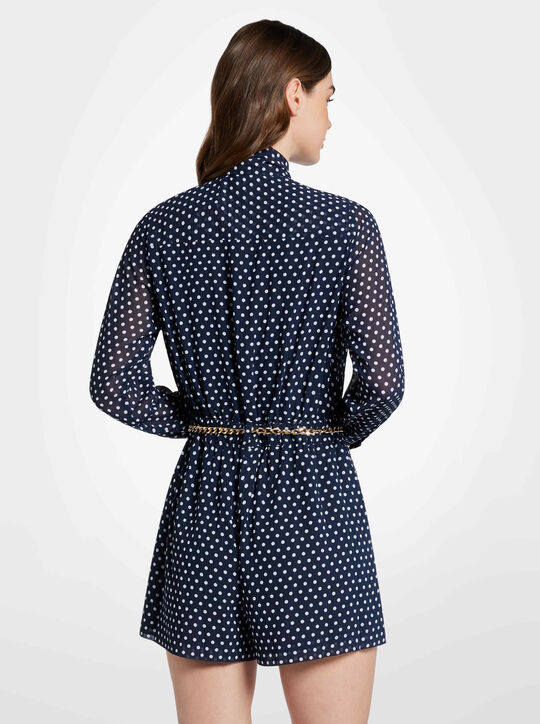 Polka Dot Georgette Belted Tie-Neck Romper | Michael Kors Official 