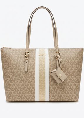 michael kors logo print striped tote bag