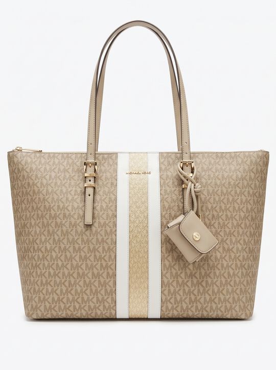 michael kors logo print striped tote bag