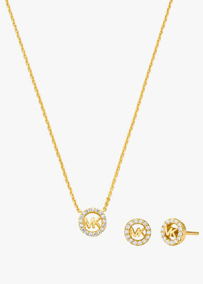 michael kors gold plated sterling silver pav  logo necklace earring set