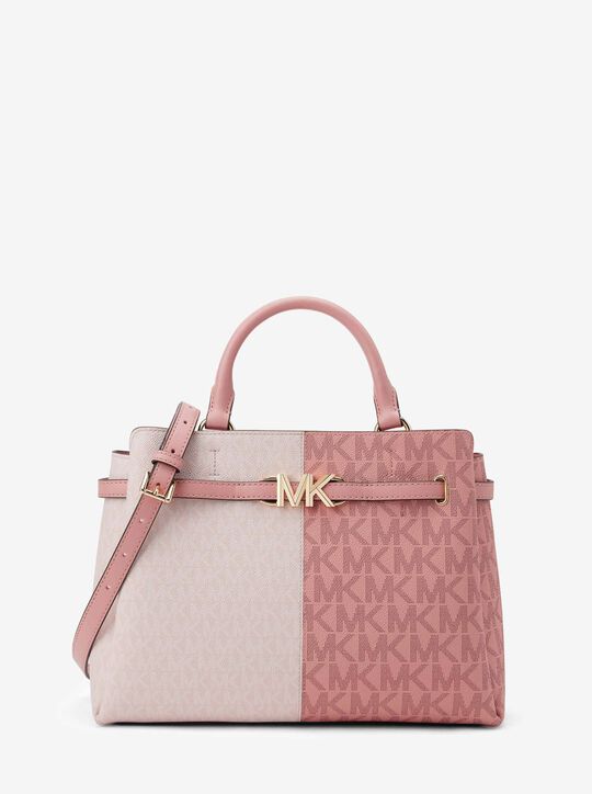 Reed Large Two-Tone Graphic Logo Belted Satchel michael kors reed large two tone graphic logo belted satchel